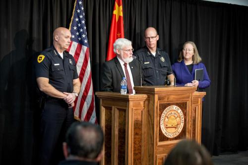 University of Utah President David W. Pershing, Dean of Students, Lori McDonald, University Department of Public Safety Chief Dale Brophy and Salt Lake City Police Chief Mike Brown speaking at a press conference held on Tuesday, October 31, 2017.Copyright: The University of Utah